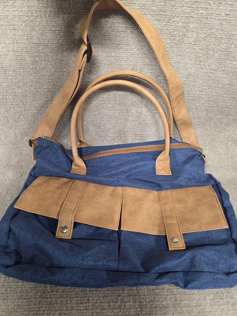 Blue and Tan Women's Tote Bag - Versatile Everyday Handbag